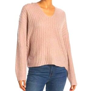 360 Cashmere Naomi Ribbed Cashmere V-Neck  Hooded Pink Sweater SIZE M